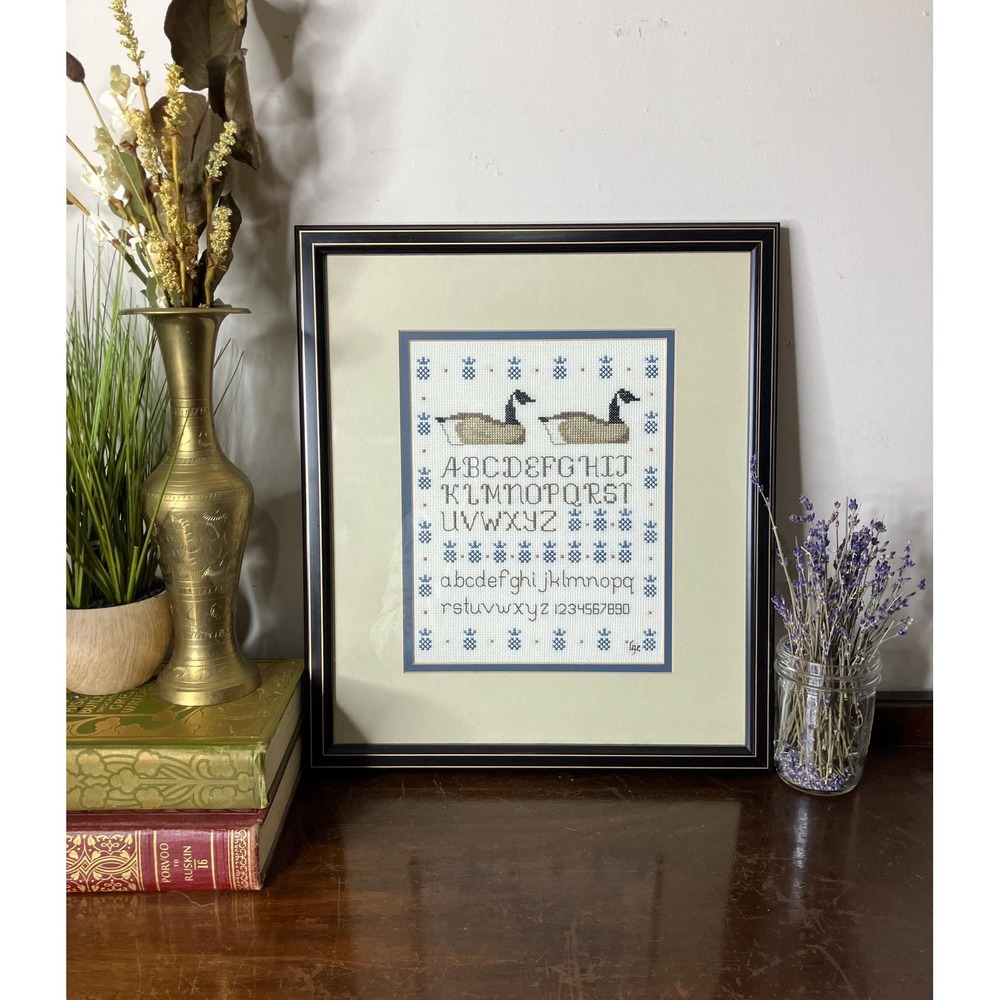 Vintage Goose Cross Stitch Alphabet Sampler | Cottagecore Geese Wall Art 13x15"